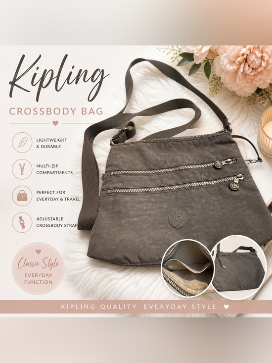 Kipling Handbags - Kipling Gray Nylon Crossbody Bag Multi Zip Lightweight Travel Purse